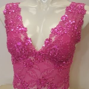 Sequinned lace crop top blouse in Fuchsia color